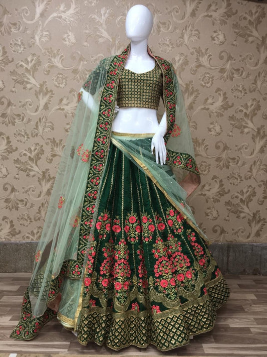 Green silk designer embroidered heavy bridal wedding lehenga choli