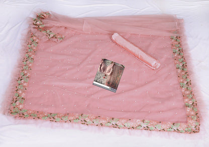 Peach mono net embroidered ruffle border designer saree