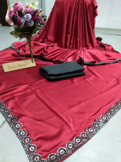 Maroon satin partywear saree