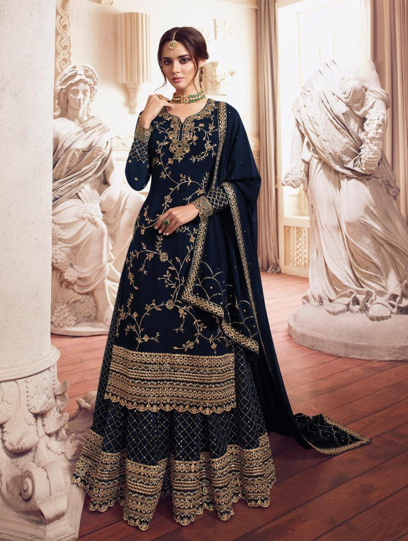 Navy blue georgette heavy embroidered wedding plazzo salwar suit