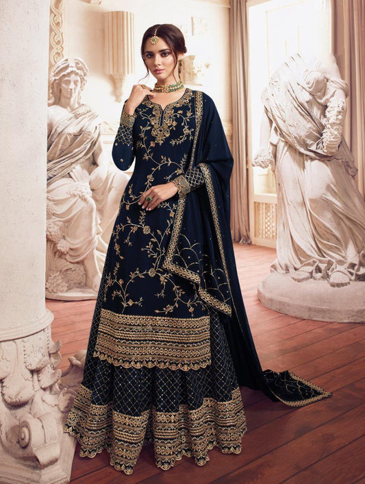 Navy blue georgette heavy embroidered wedding plazzo salwar suit