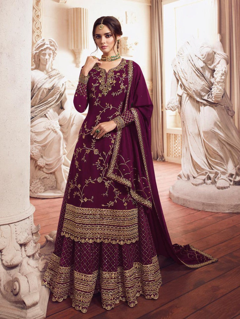 Purple georgette heavy embroidered wedding plazzo salwar suit