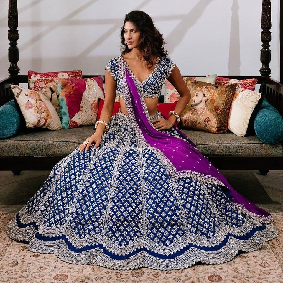Blue banglory silk embroidery work wedding lehenga choli