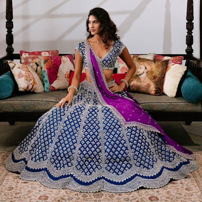 Blue banglory silk embroidery work wedding lehenga choli