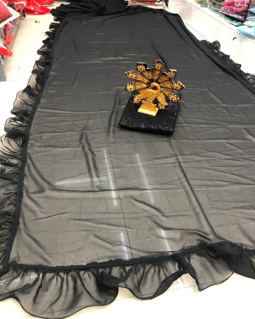 Black georgette ruffle border saree