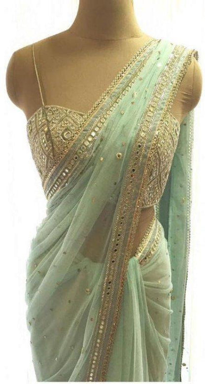 Pista green georgette cording and mirror work designer saree