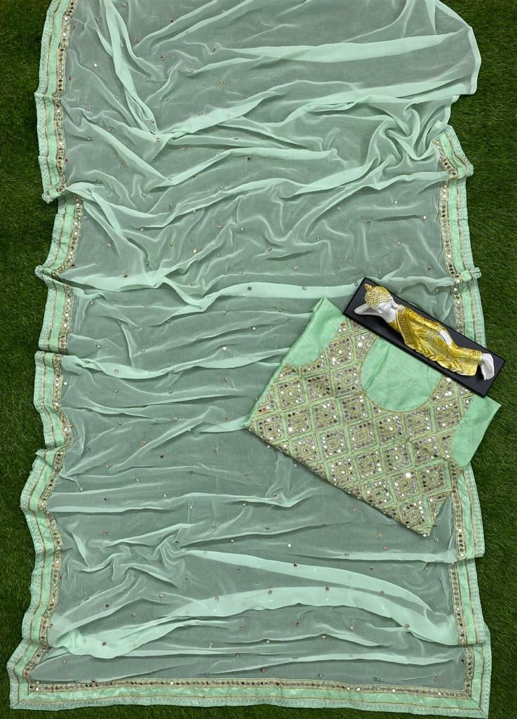 Pista green georgette cording and mirror work designer saree