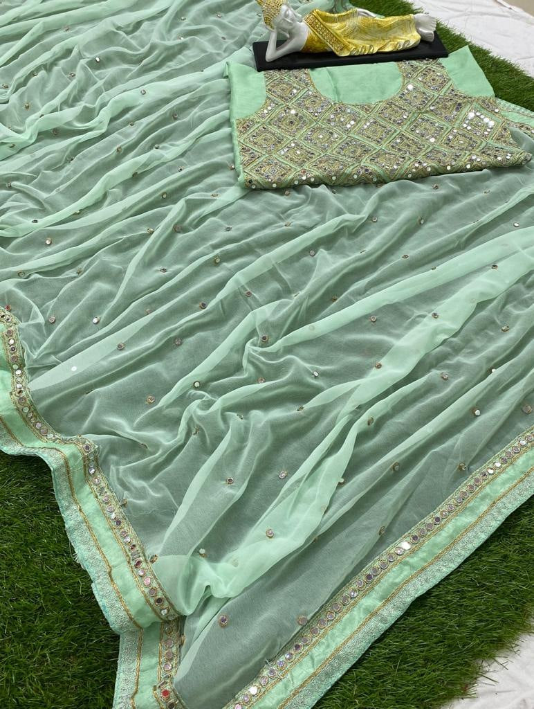 Pista green georgette cording and mirror work designer saree
