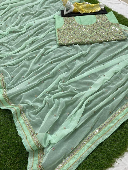 Pista green georgette cording and mirror work designer saree