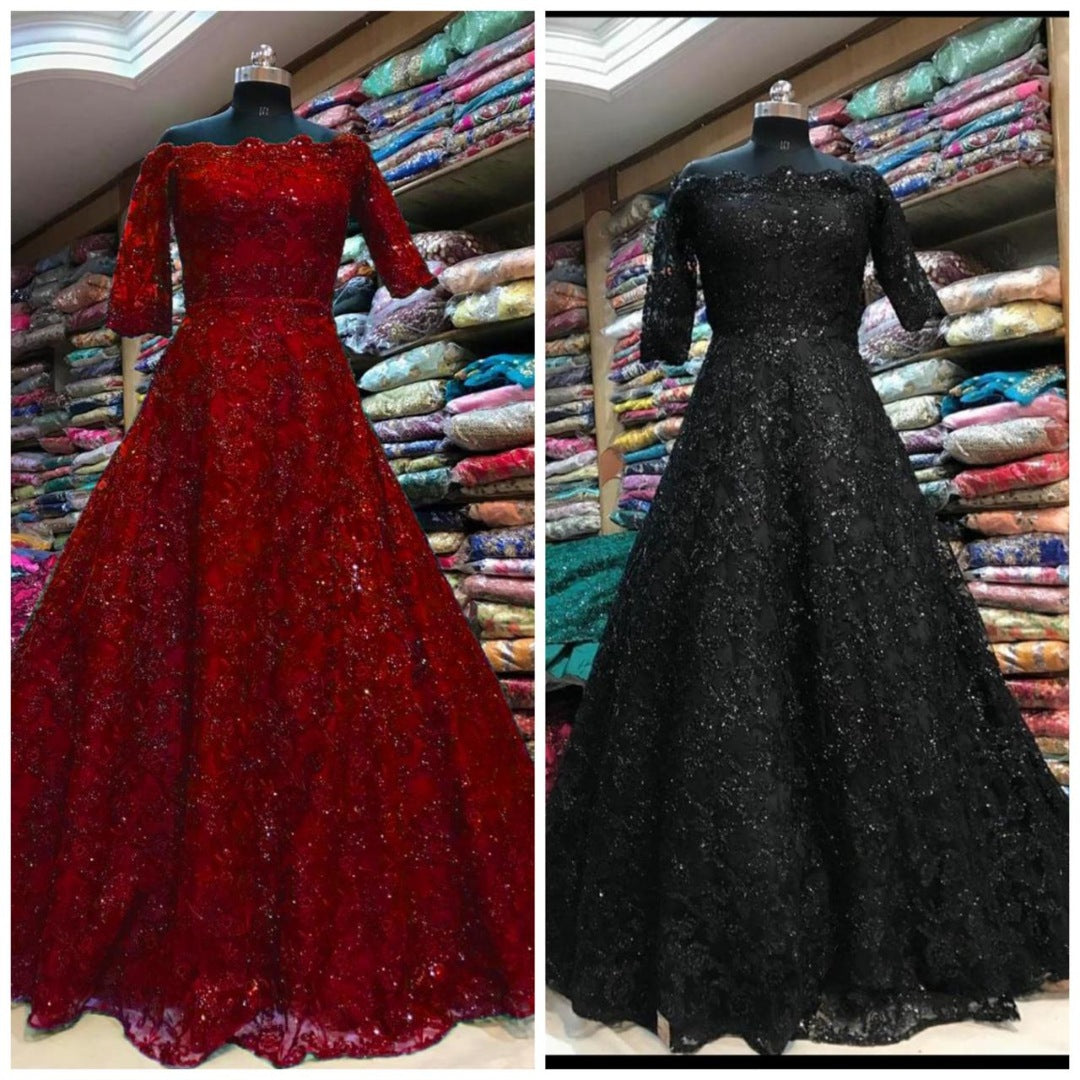 Heavy chain stitch embroidery work gown