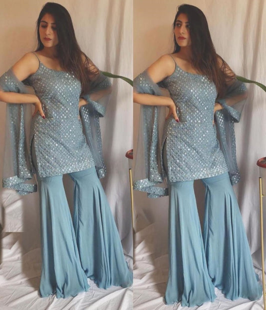 Grey georgette sequence work sharara salwar suit