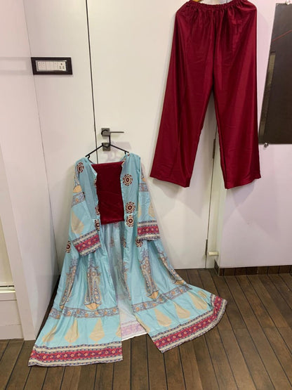 Stylist maroon plazzo salwar suit with printed shrug