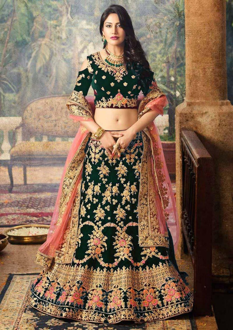 Dark green velvet heavy embroidered bridal lehenga