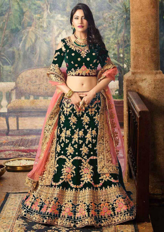 Dark green velvet heavy embroidered bridal lehenga