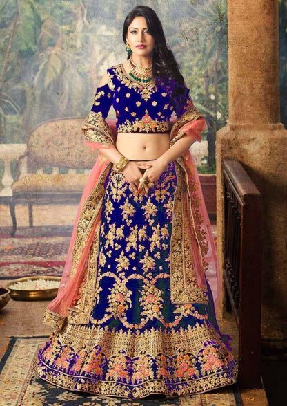 Blue velvet heavy embroidered bridal lehenga