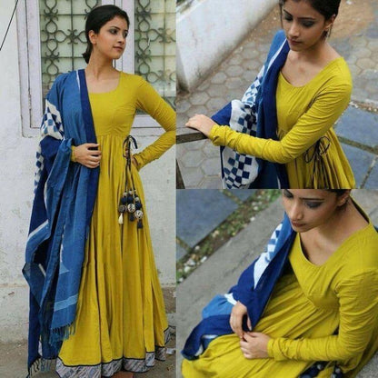 Mehndi green rayon silk long anarkali with printed dupatta