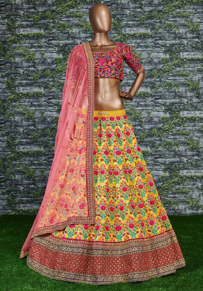 Yellow mulbury silk heavy embroidered bridal lehenga for haldi function