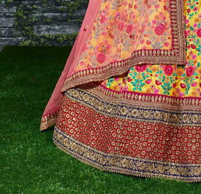 Yellow mulbury silk heavy embroidered bridal lehenga for haldi function