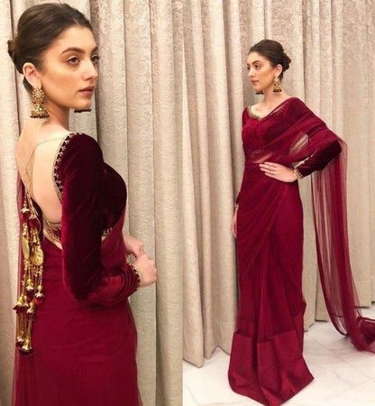 Maroon soft net partywear saree