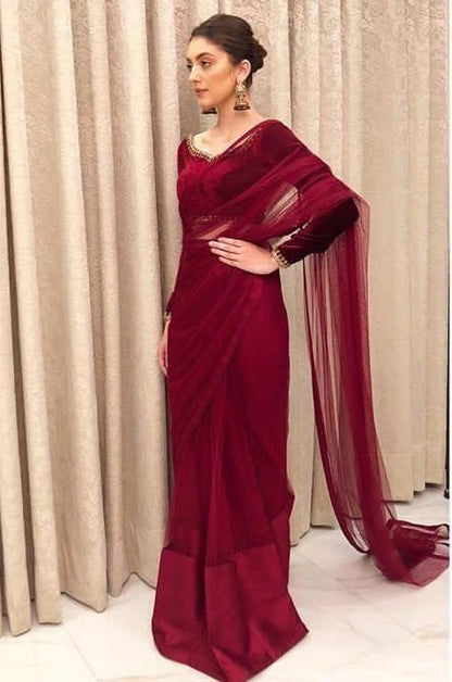 Maroon soft net partywear saree
