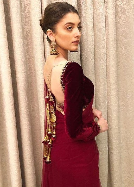 Maroon soft net partywear saree