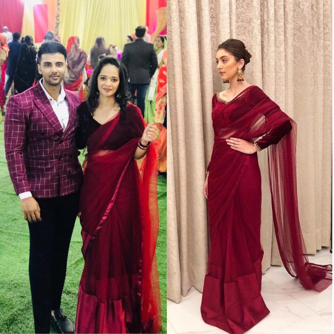 Maroon soft net partywear saree