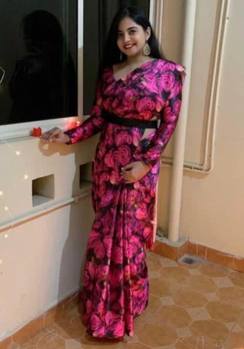 Pink japan satin silk rose flower printed saree