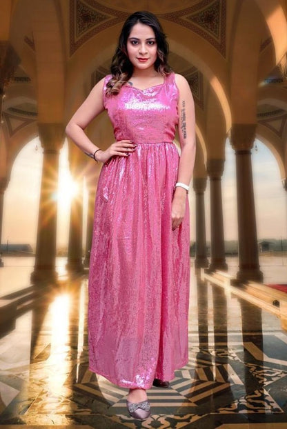 Baby pink full sequence work partywear gown