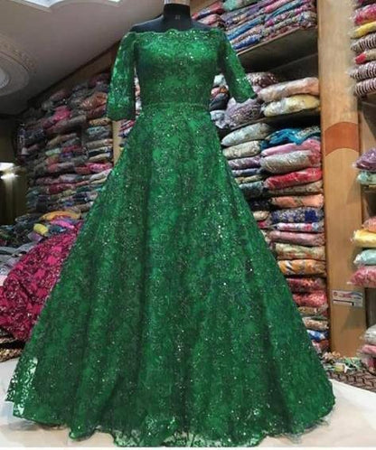 Green Heavy chain stitch embroidery work gown