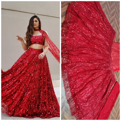 Red soft net heavy sequence work wedding lehenga choli