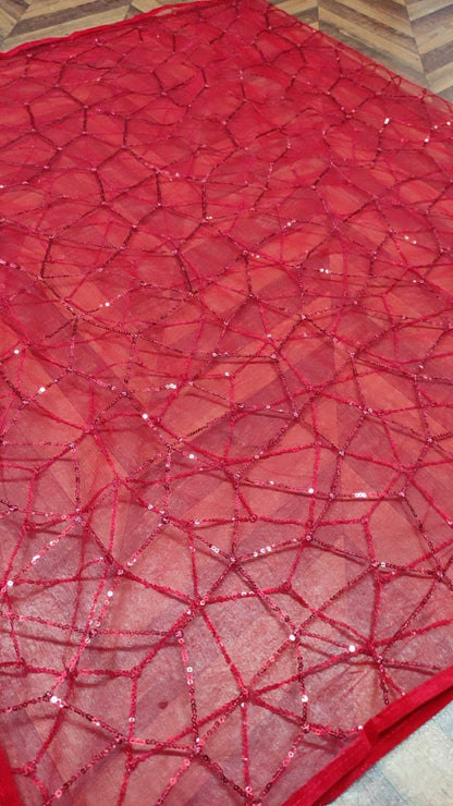 Red soft net heavy sequence work wedding lehenga choli