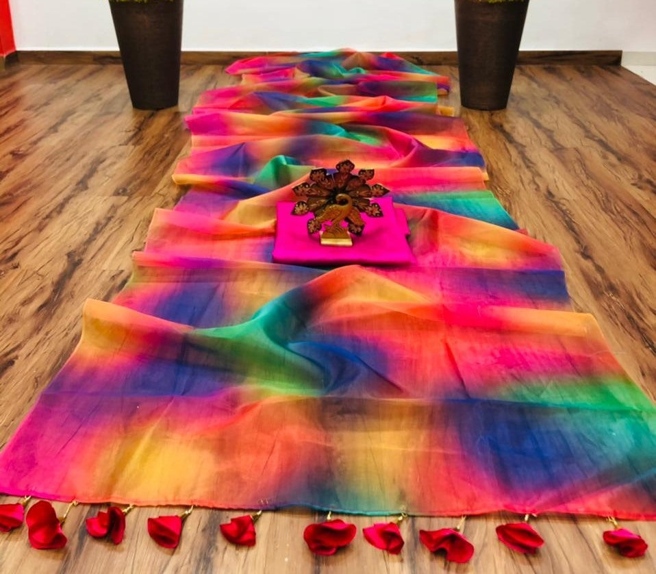 multicolored organza digital print saree