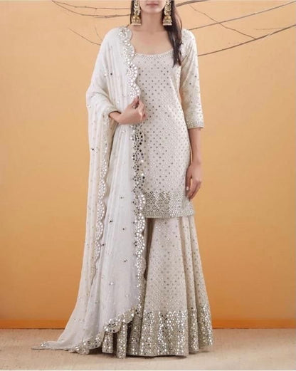 White georgette sequence work sharara salwar suit