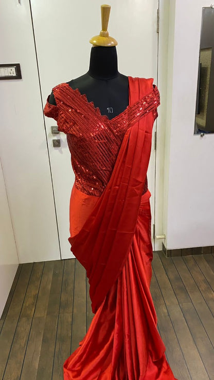 Red japan silk ready to wear partywear saree