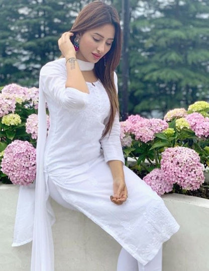 White georgette chain stitch embroidered salwar suit