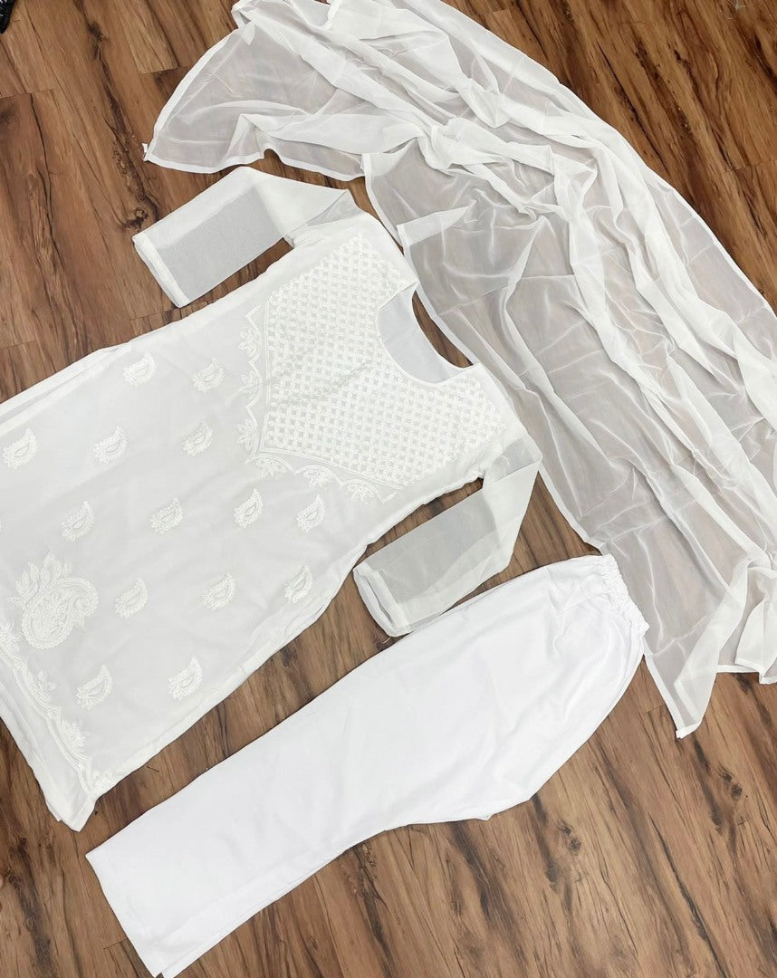 White georgette chain stitch embroidered salwar suit
