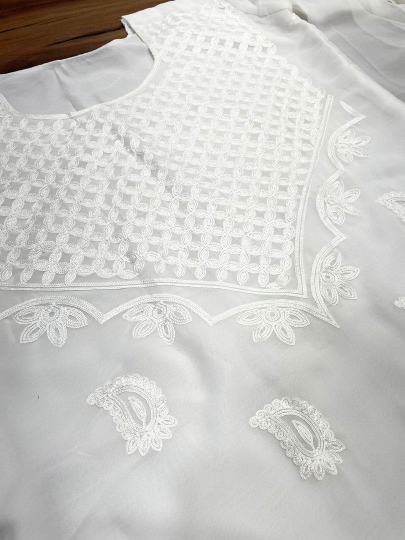 White georgette chain stitch embroidered salwar suit