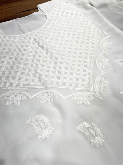 White georgette chain stitch embroidered salwar suit