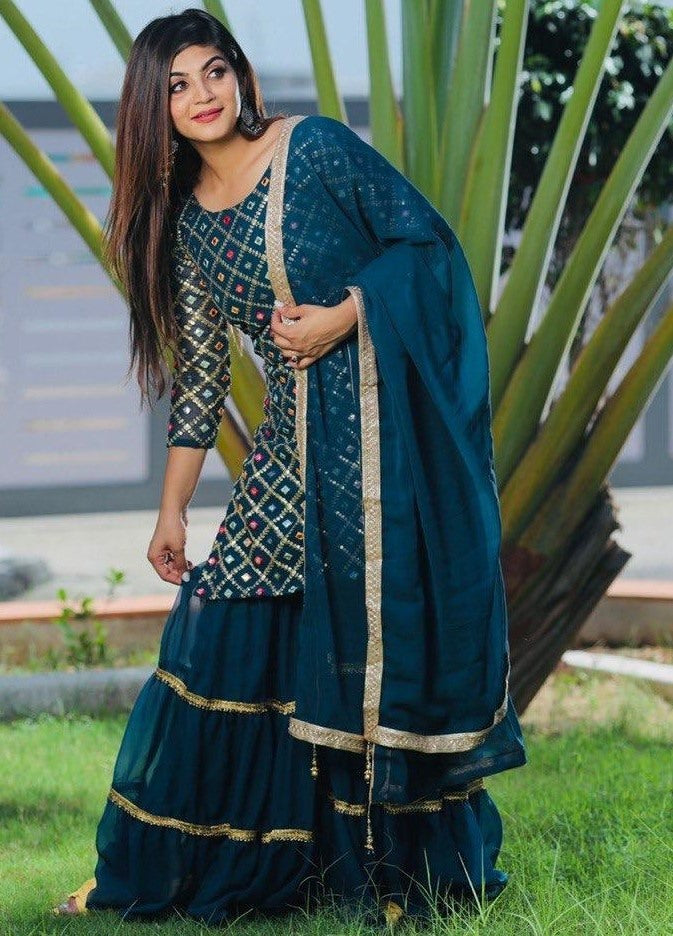 Rama blue georgette embroidered sharara salwar suit