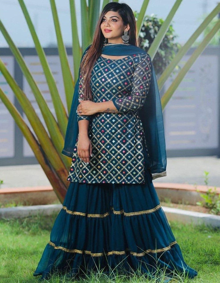 Rama blue georgette embroidered sharara salwar suit