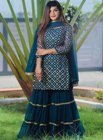 Rama blue georgette embroidered sharara salwar suit