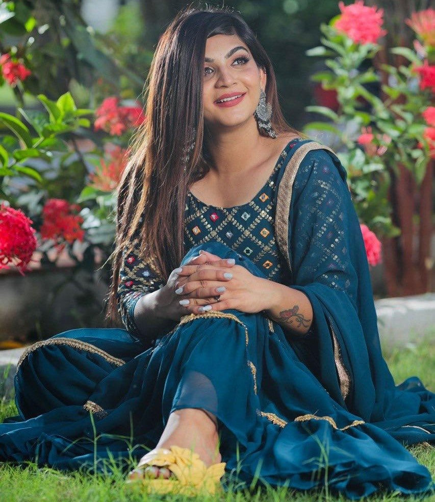 Rama blue georgette embroidered sharara salwar suit