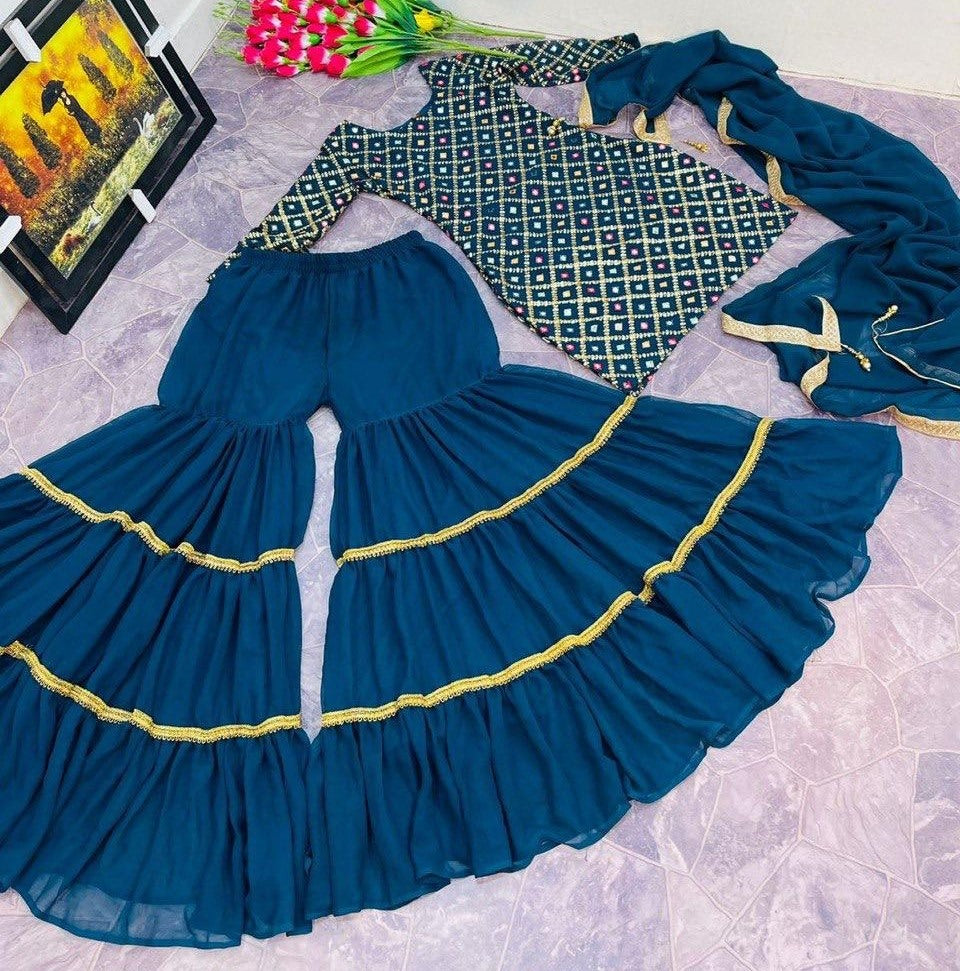 Rama blue georgette embroidered sharara salwar suit