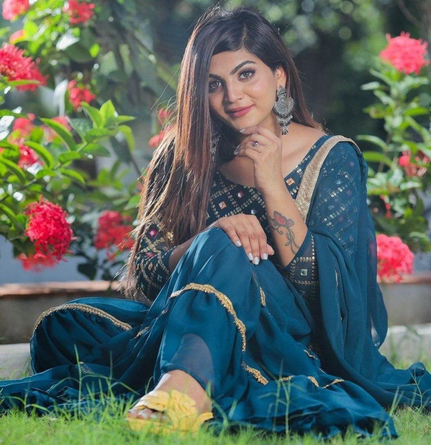 Rama blue georgette embroidered sharara salwar suit