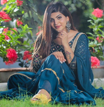 Rama blue georgette embroidered sharara salwar suit