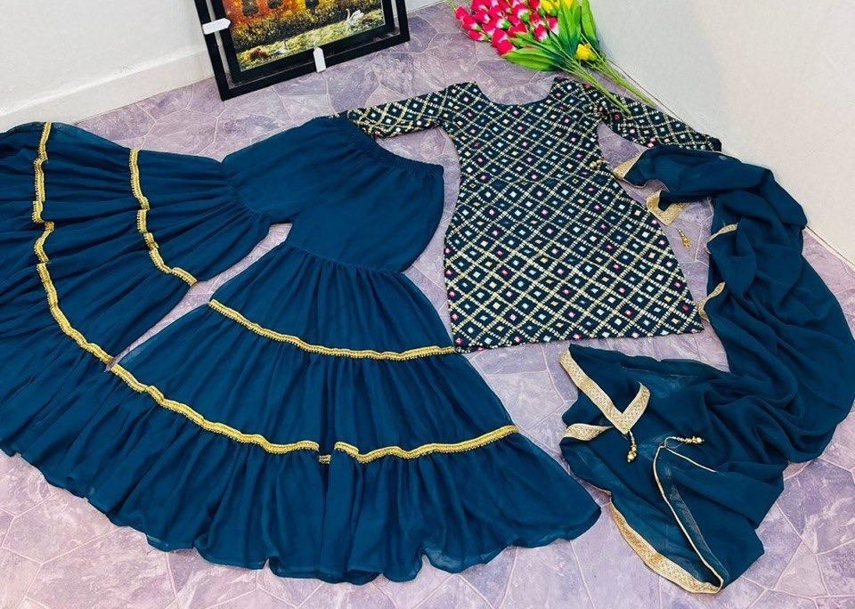 Rama blue georgette embroidered sharara salwar suit