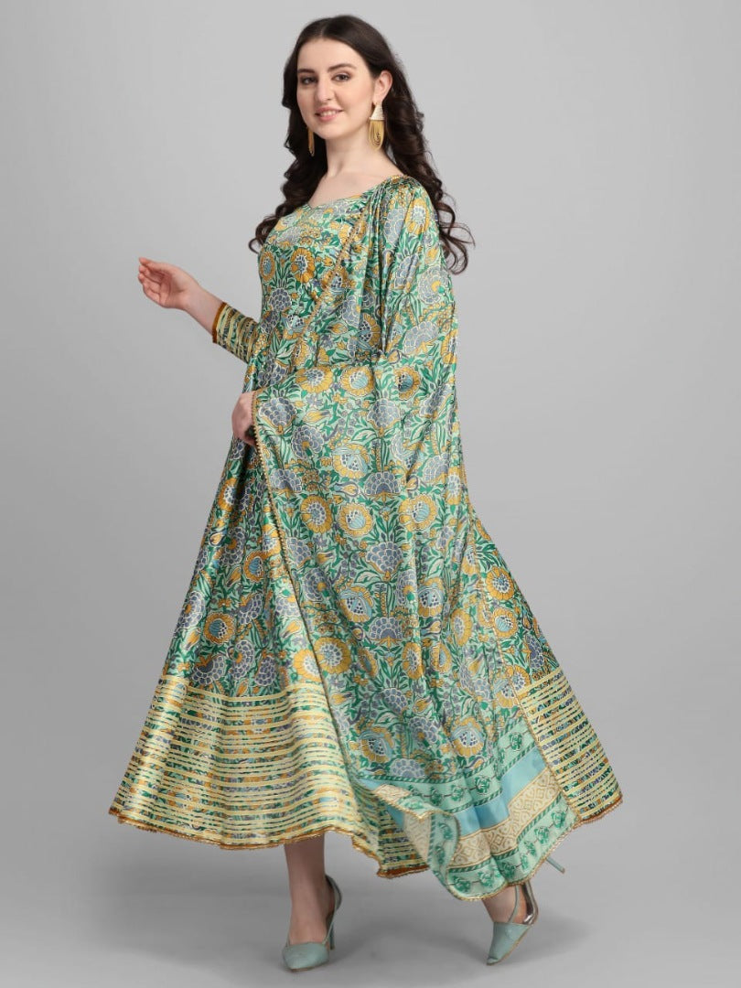 Pista green malai silk printed gown