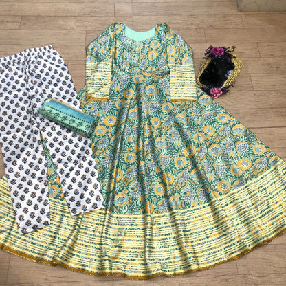 Pista green malai silk printed gown