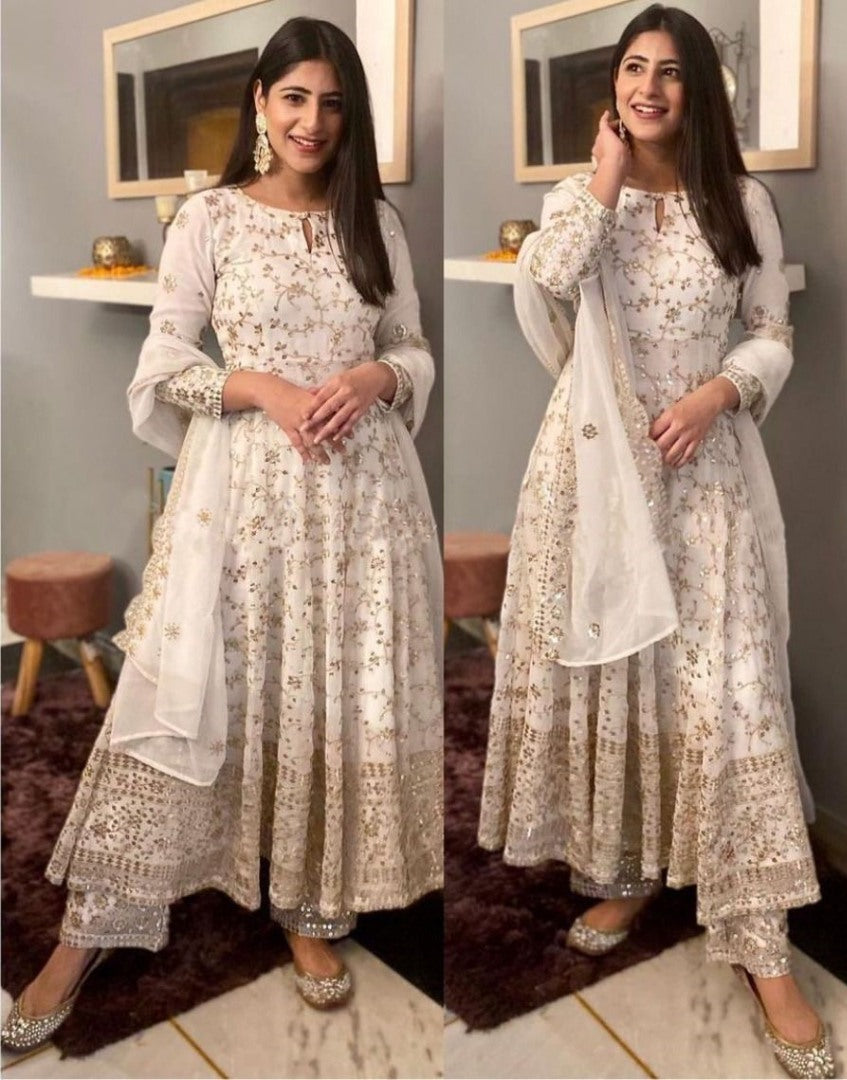 White georgette sequence embroidered anarkali suit