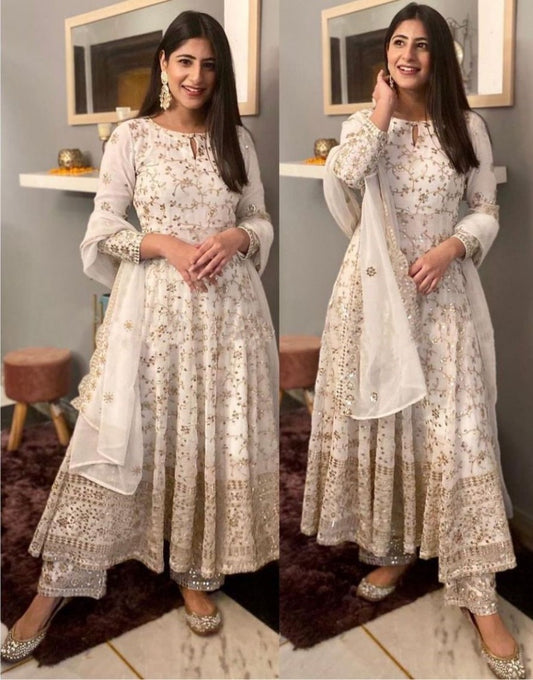 White georgette sequence embroidered anarkali suit